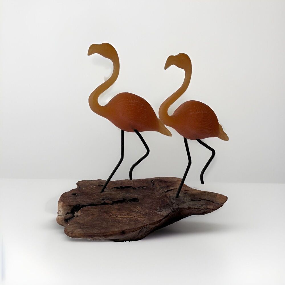 Vintage John Perry 2 Pink Orange Flamingos Sculpture on Burl Wood Marked